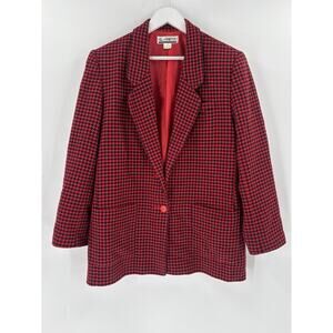 SK & Company Vintage Blazer Jacket Womens 16 Red Black Houndstooth Wool Blend